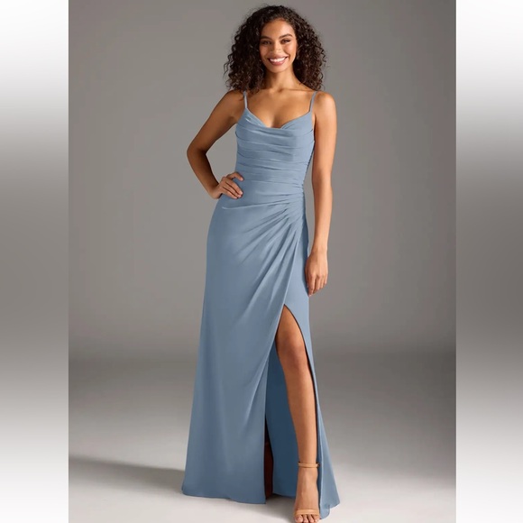 Azazie Dusty Blue Deandra Maxi Dress - Picture 1 of 6